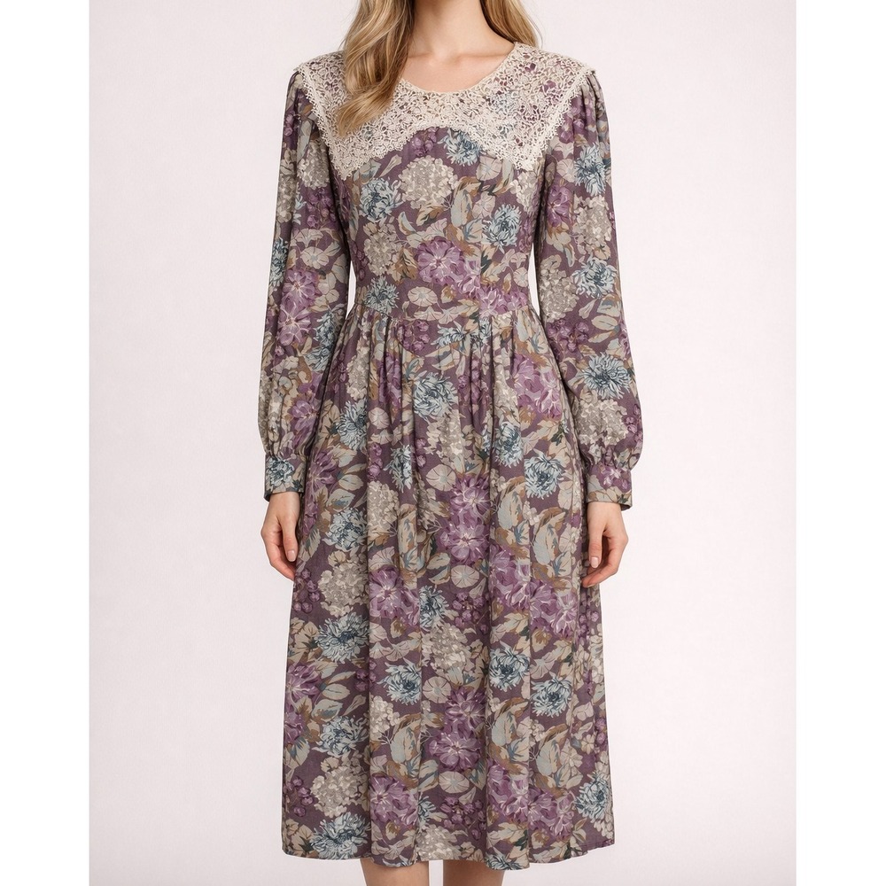 Laura Ashley Floral Dainty Lace Collar Cotton Wool Blend Dress Quality SZ 10